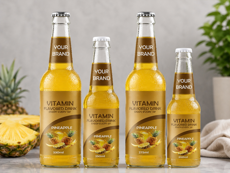 VITAMIN FLAVORED DRINK Pineapple flavour in 330ml, 250ml, 275ml, and 200ml glass bottles.